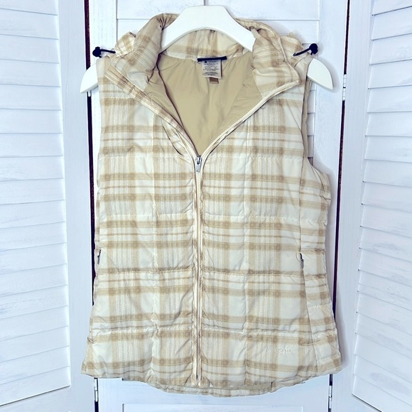 Patagonia Wooly Plaid in Raw Linen Neutral Color Hood Vest Puffer Size Medium - Picture 2 of 11